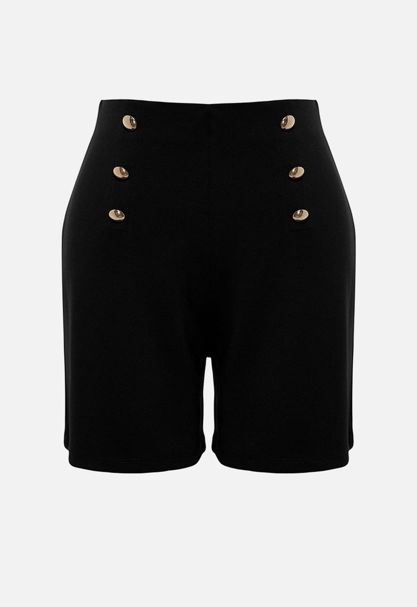 Trendyol - Gold Button Detail High-Waist Knit Shorts - Black