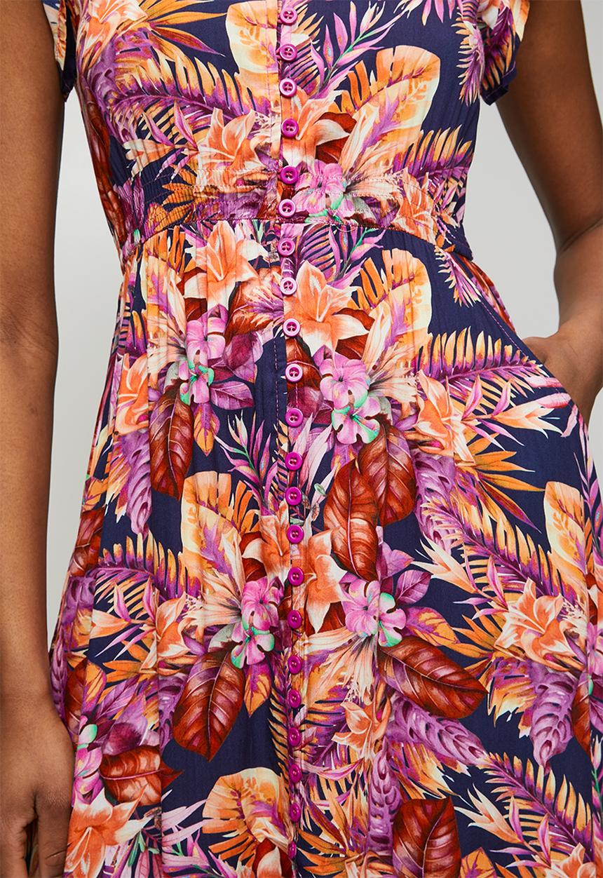 Izabel London - Cap Sleeve With Flutter V-Neck Button Through Midi Dress Printed - Multi