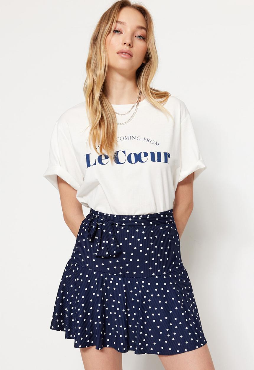 Trendyol - Polka Dot High-Waist Skirt-Look Knit Shorts - Navy Blue