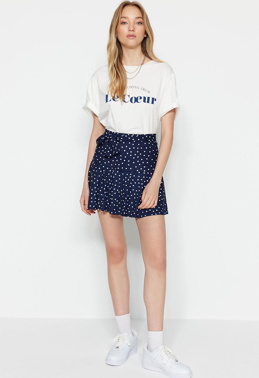 Trendyol - Polka Dot High-Waist Skirt-Look Knit Shorts - Navy Blue
