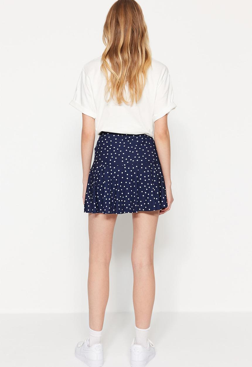 Trendyol - Polka Dot High-Waist Skirt-Look Knit Shorts - Navy Blue