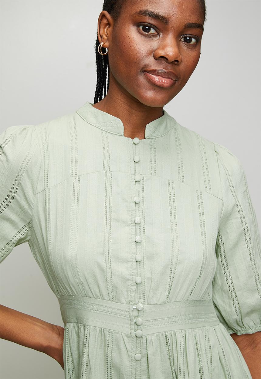 Izabel London - Half Sleeve With Elastic Button Through Tiered Maxi Dress With Lace At Each Tier - Sage