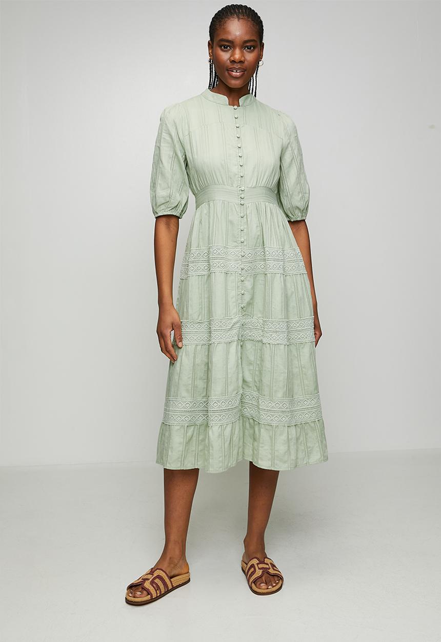 Izabel London - Half Sleeve With Elastic Button Through Tiered Maxi Dress With Lace At Each Tier - Sage