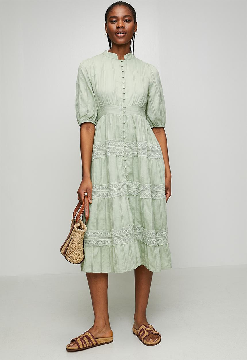 Izabel London - Half Sleeve With Elastic Button Through Tiered Maxi Dress With Lace At Each Tier - Sage
