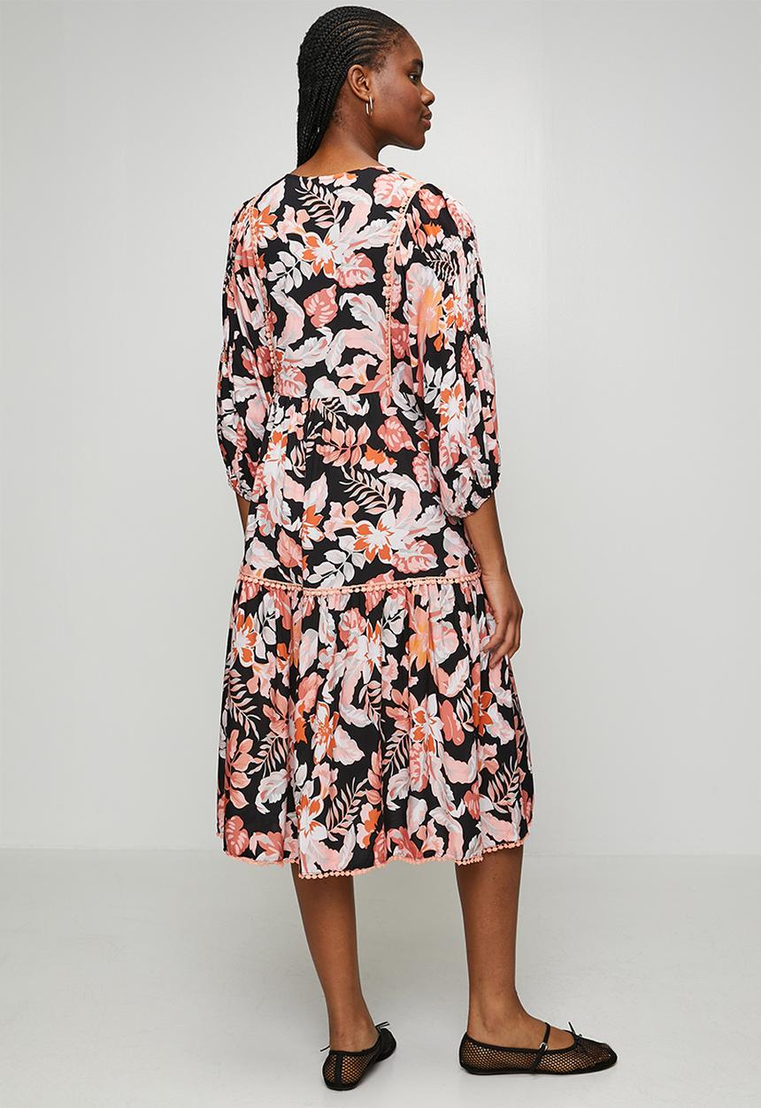 Izabel London - 3/4 Sleeve Button Through Easy Wearing Maxi Dress with Lace Detail On Chest - Multi