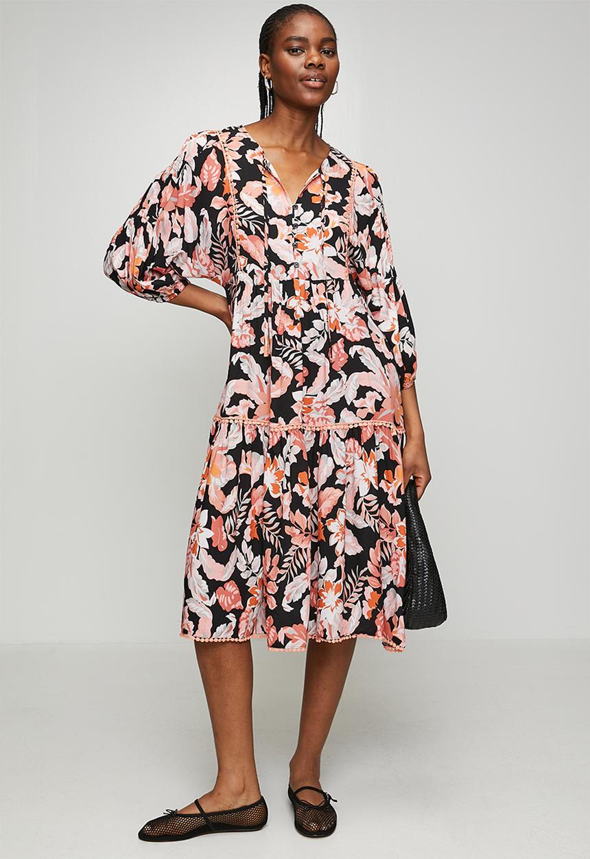 Izabel London - 3/4 Sleeve Button Through Easy Wearing Maxi Dress with Lace Detail On Chest - Multi