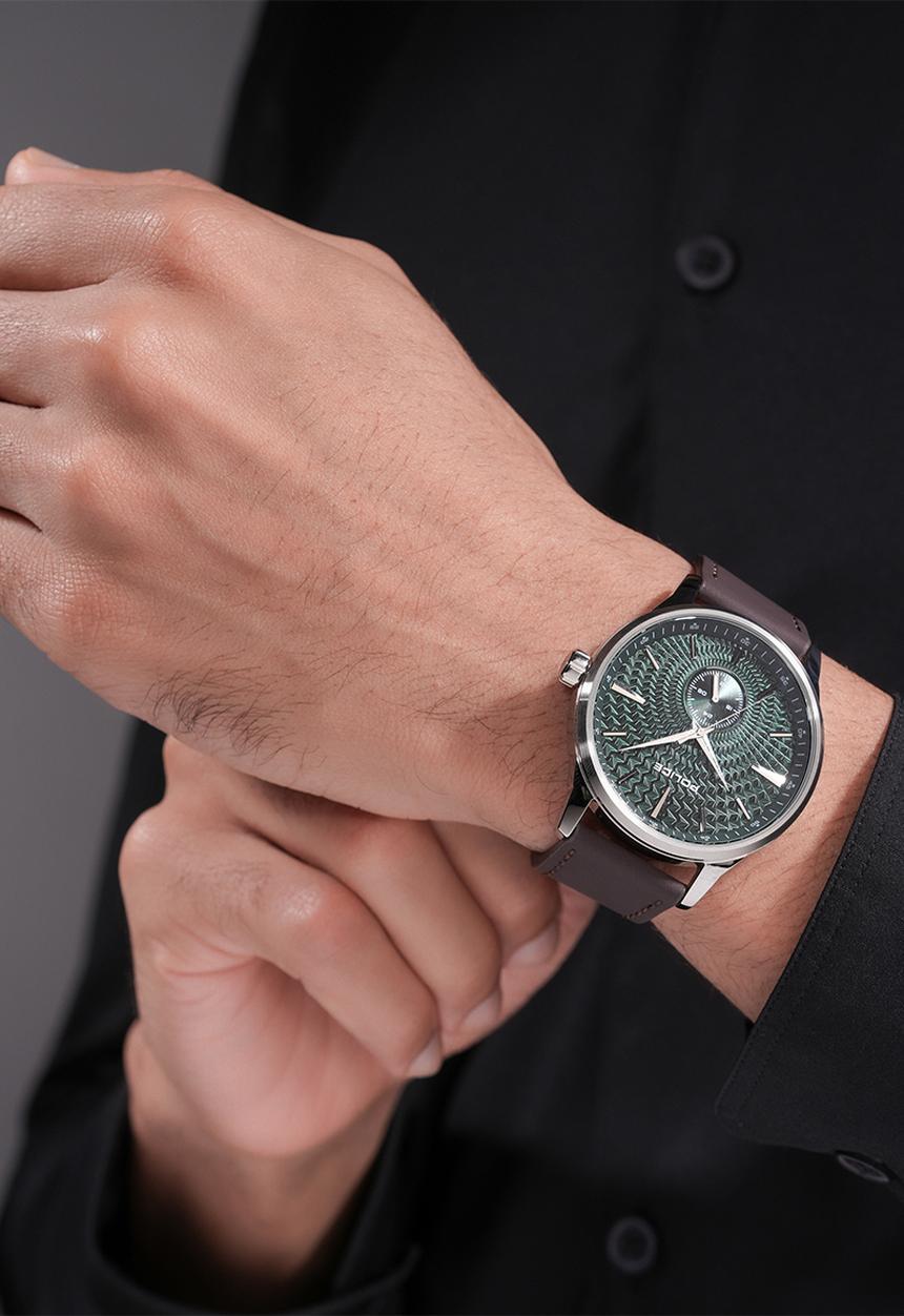 Police - Steel Case Green Dial Brown Leather Strap - Green & Brown