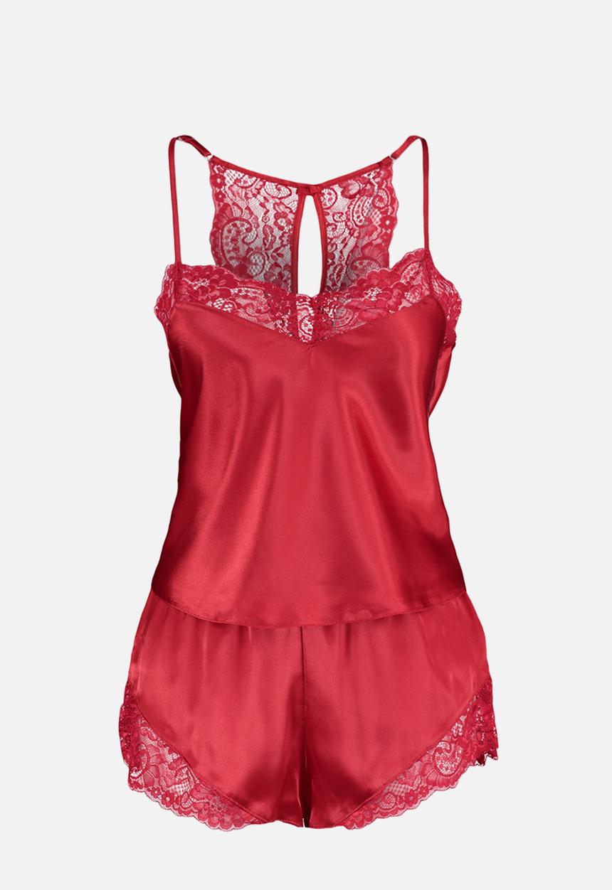 Trendyol - Lace spaghetti strap satin shorts pajama set - red
