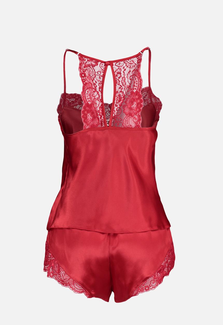Trendyol - Lace spaghetti strap satin shorts pajama set - red