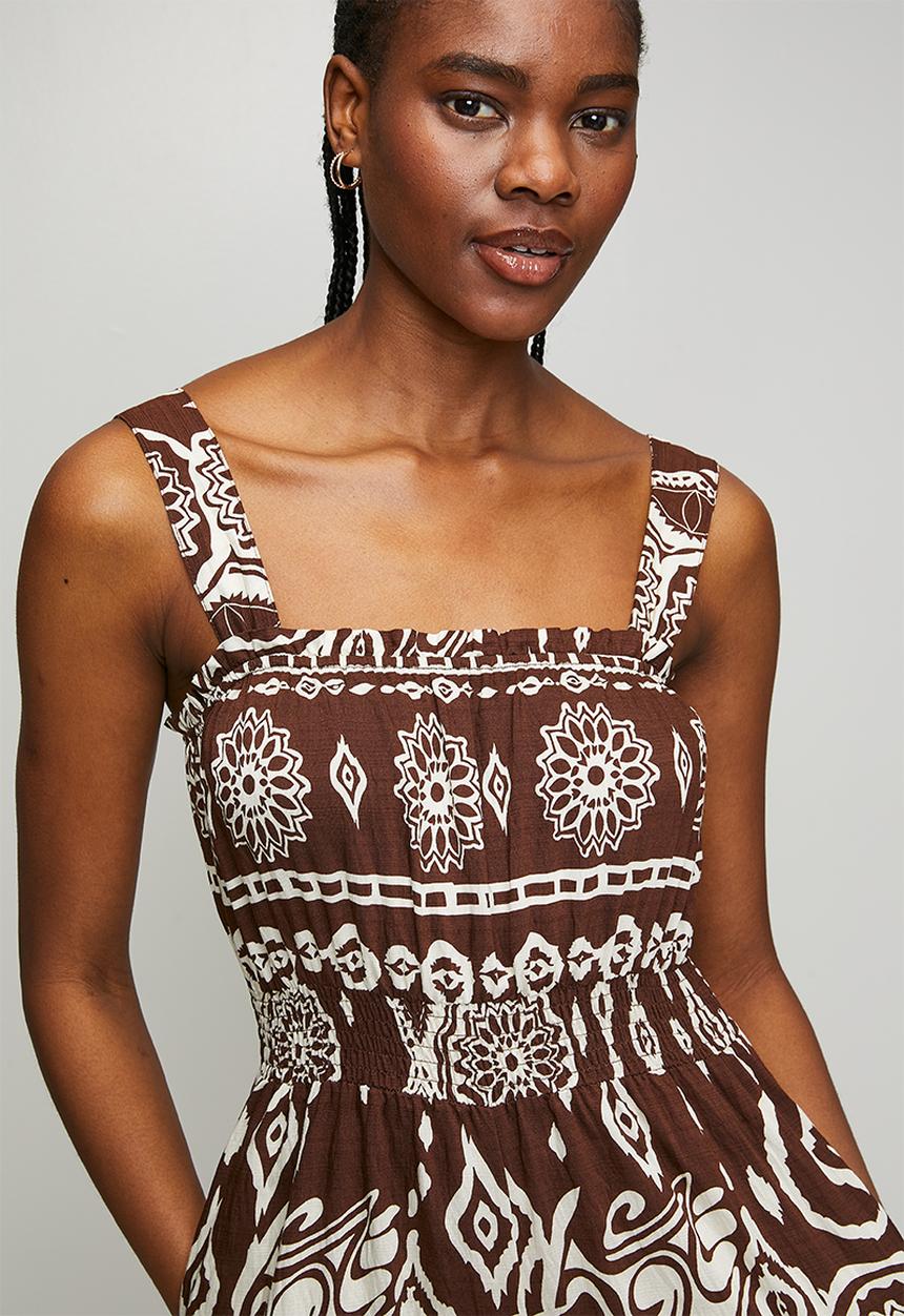 MANDI - Sleeveless Waist Elastic Ankle Length Printed Jumpsuit - Brown