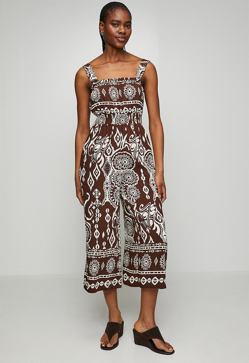 MANDI - Sleeveless Waist Elastic Ankle Length Printed Jumpsuit - Brown