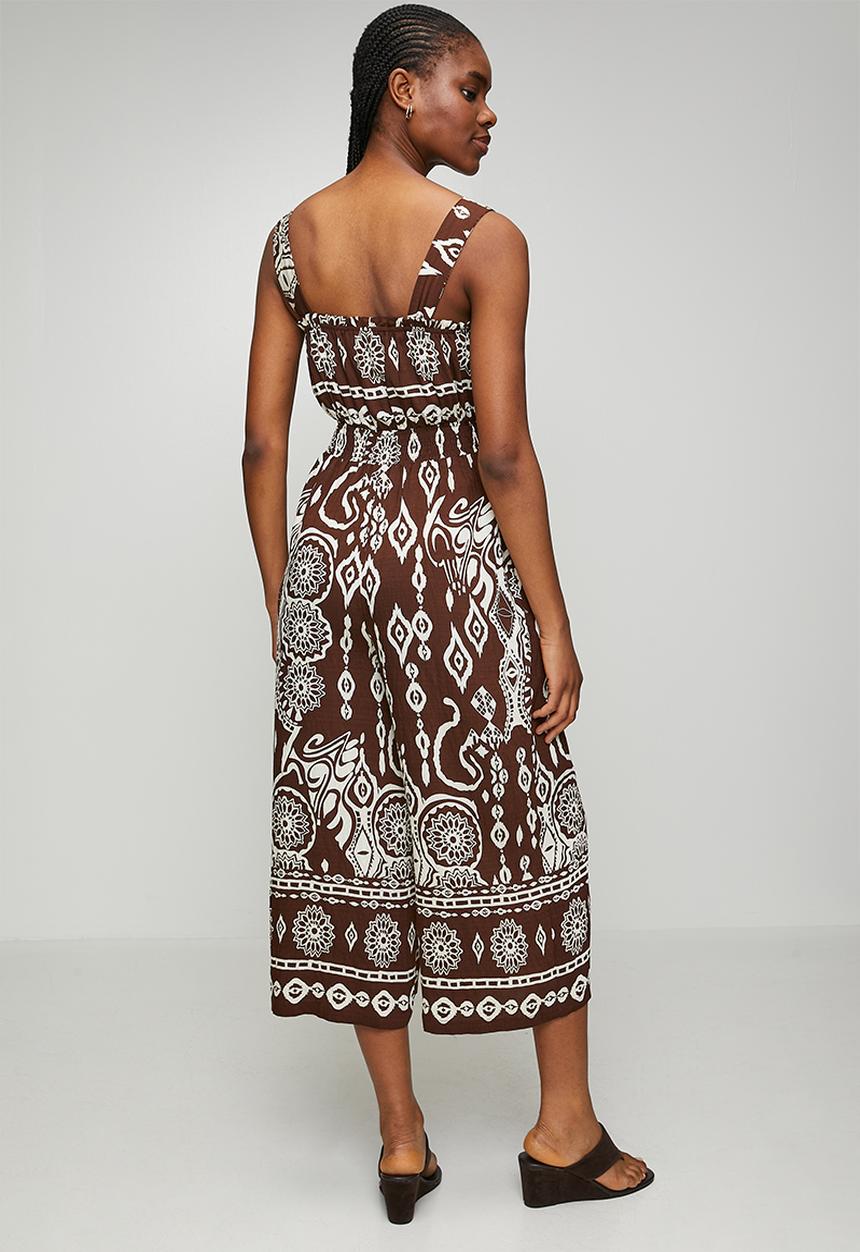 MANDI - Sleeveless Waist Elastic Ankle Length Printed Jumpsuit - Brown