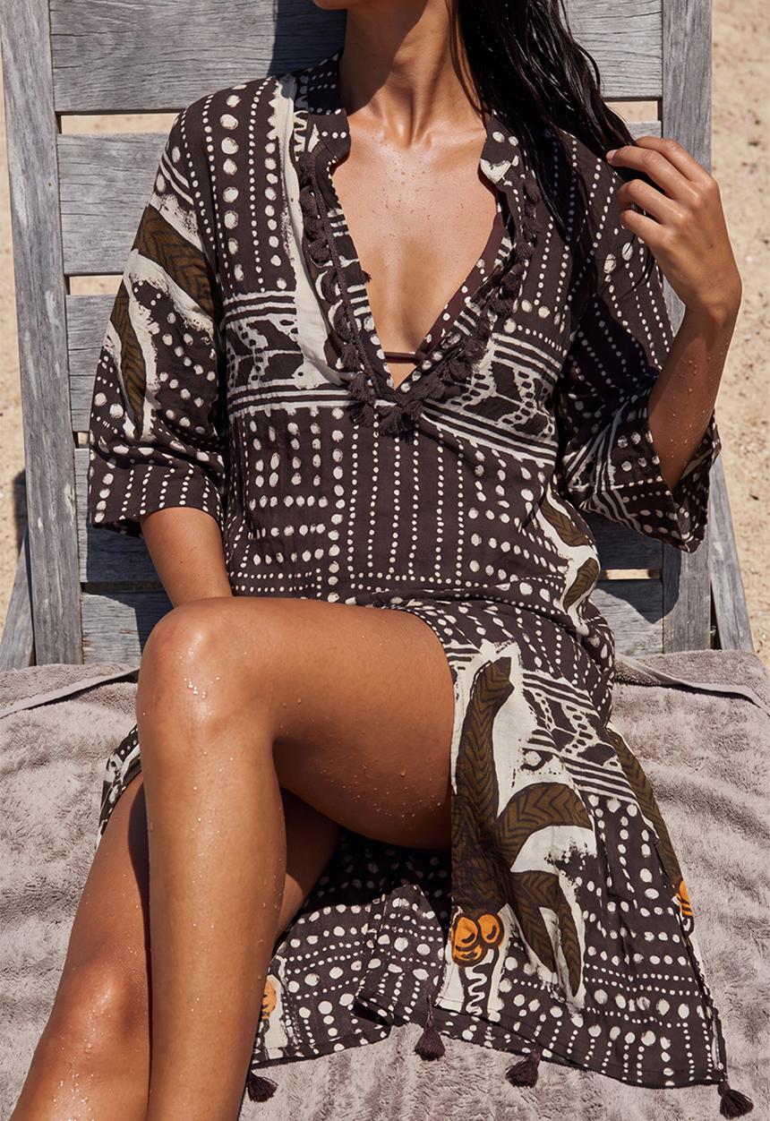 Trendyol - Tropical print maxi tasselled cotton kimono / kaftan - brown–multicolor