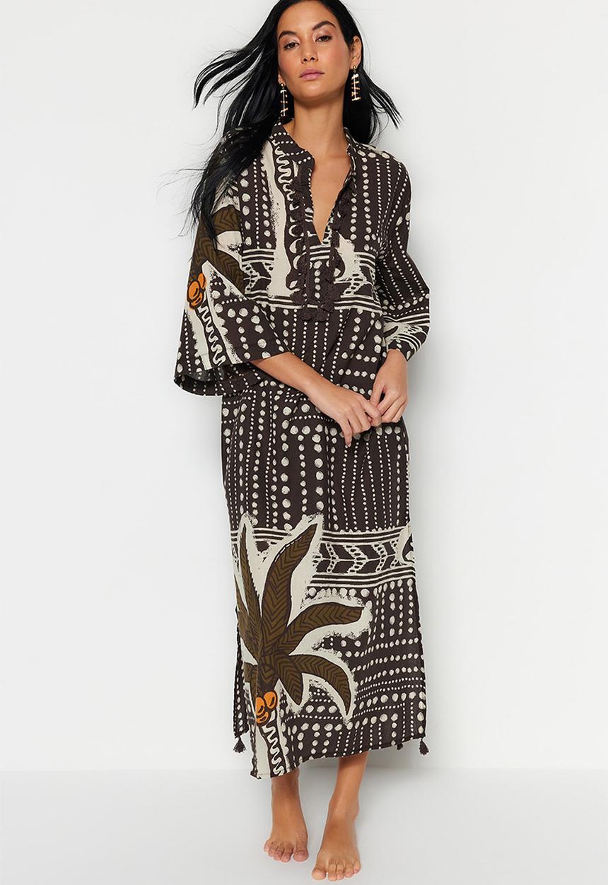 Trendyol - Tropical print maxi tasselled cotton kimono / kaftan - brown–multicolor