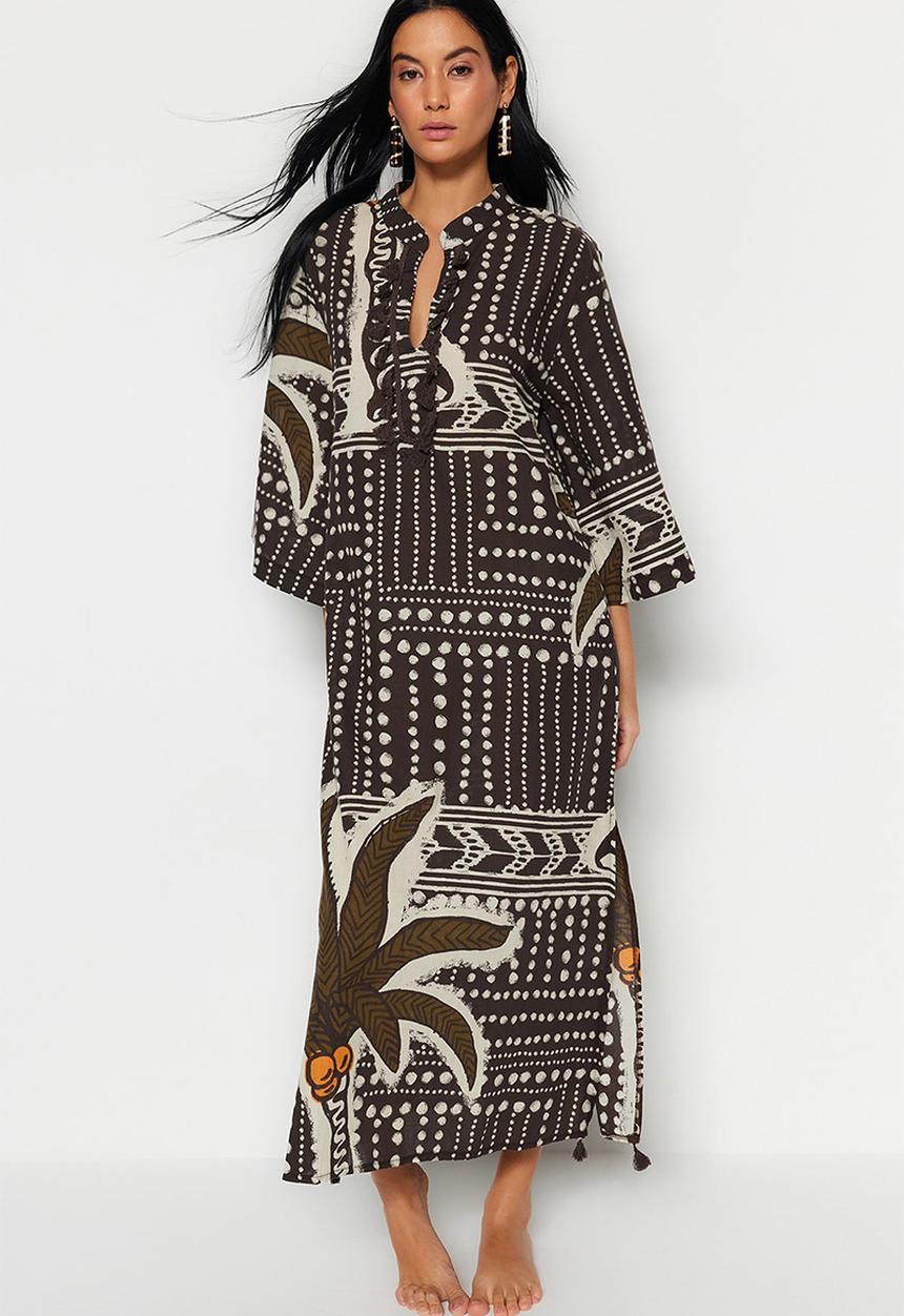 Trendyol - Tropical print maxi tasselled cotton kimono / kaftan - brown–multicolor