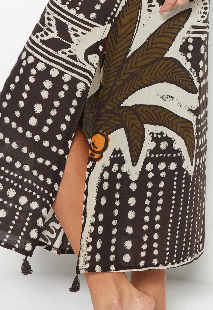 Trendyol - Tropical print maxi tasselled cotton kimono / kaftan - brown–multicolor