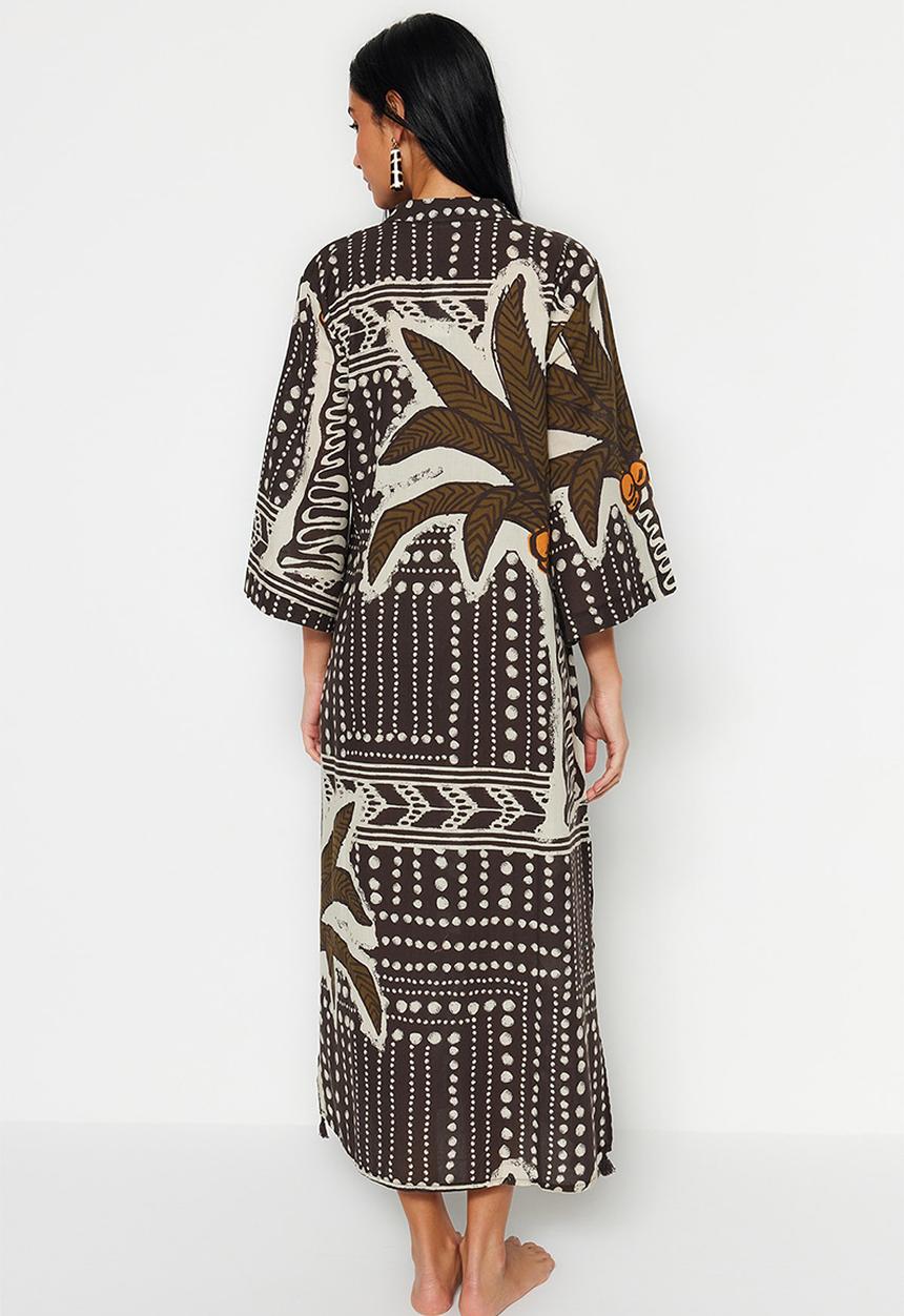 Trendyol - Tropical print maxi tasselled cotton kimono / kaftan - brown–multicolor