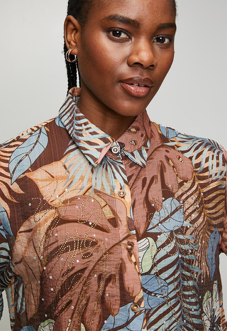 MANDI - Button Through Collared Printed Sheer Blouse With Embelishment - Chocolate