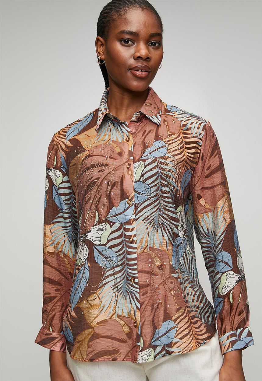 MANDI - Button Through Collared Printed Sheer Blouse With Embelishment - Chocolate