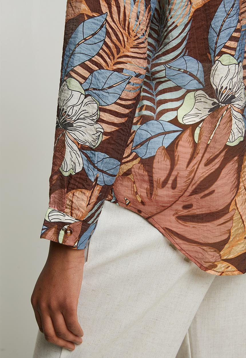 MANDI - Button Through Collared Printed Sheer Blouse With Embelishment - Chocolate