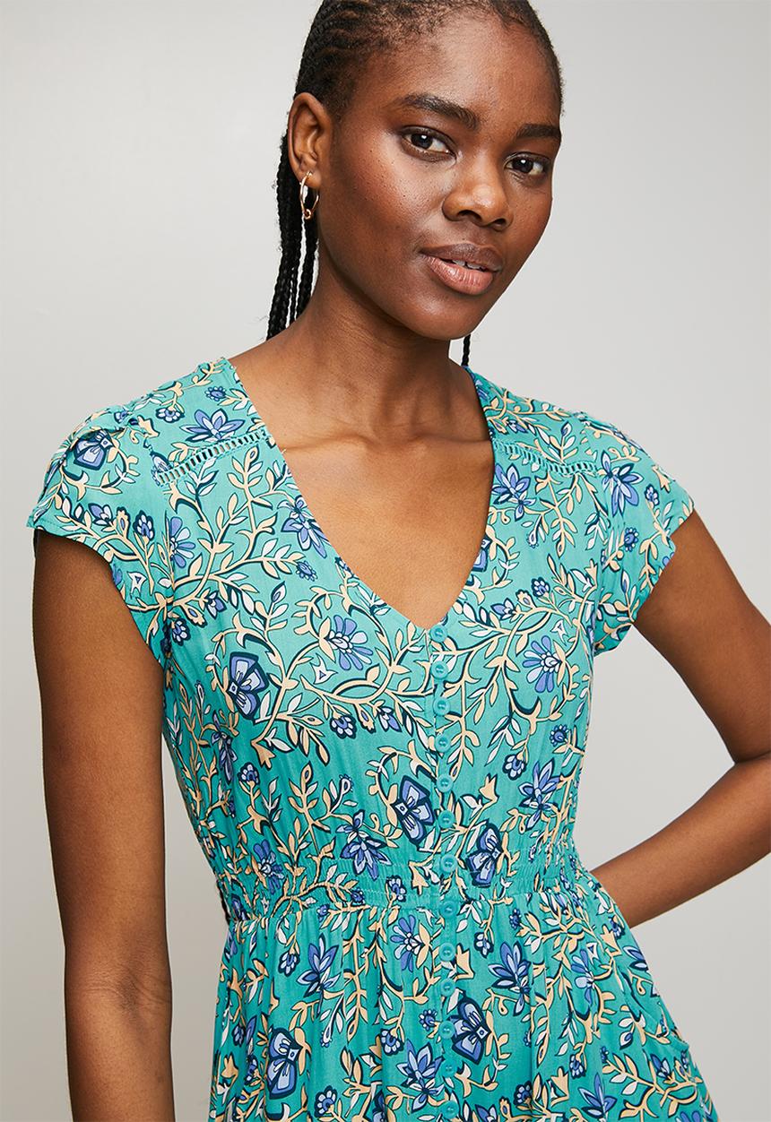 MANDI - Cap Sleeve With Flutter V-Neck Button Through Midi Dress Printed - Blue