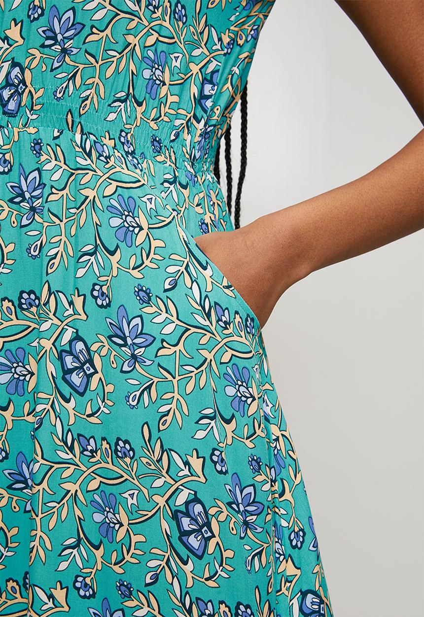 MANDI - Cap Sleeve With Flutter V-Neck Button Through Midi Dress Printed - Blue