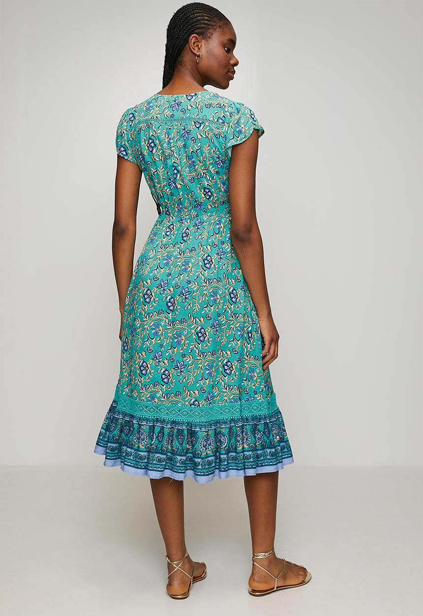 MANDI - Cap Sleeve With Flutter V-Neck Button Through Midi Dress Printed - Blue