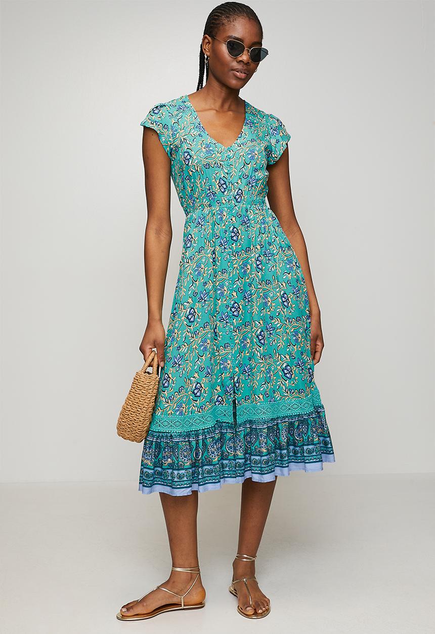MANDI - Cap Sleeve With Flutter V-Neck Button Through Midi Dress Printed - Blue