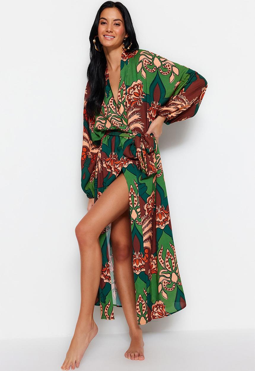 Trendyol - Tropical pattern cotton maxi belted kimono / kaftan - brown–multicolor