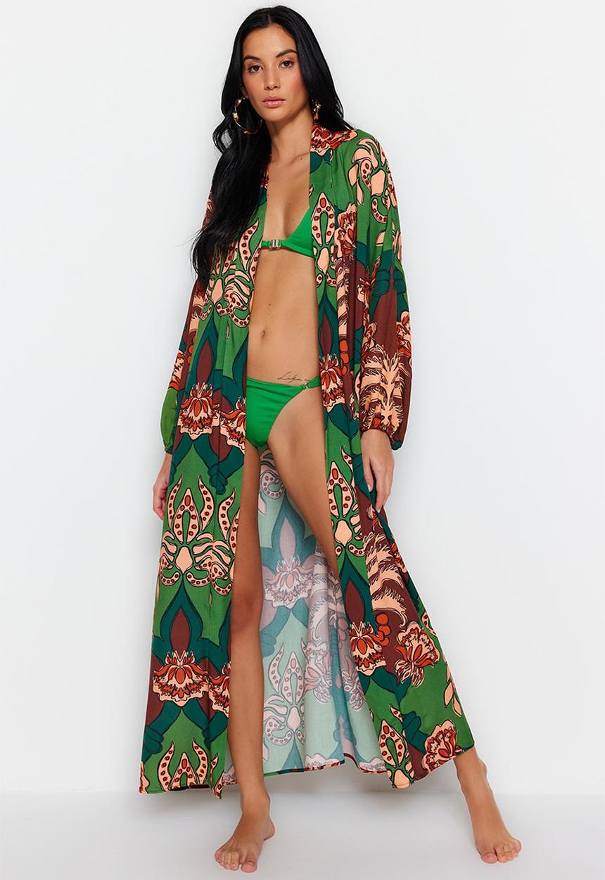 Trendyol - Tropical pattern cotton maxi belted kimono / kaftan - brown–multicolor