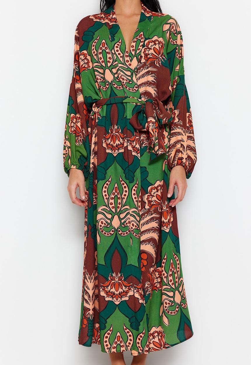 Trendyol - Tropical pattern cotton maxi belted kimono / kaftan - brown–multicolor