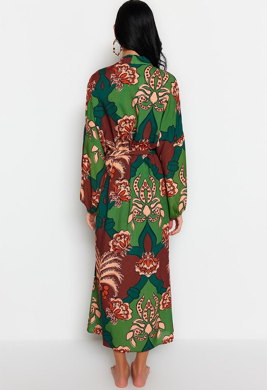 Trendyol - Tropical pattern cotton maxi belted kimono / kaftan - brown–multicolor