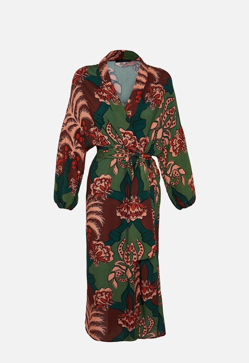 Trendyol - Tropical pattern cotton maxi belted kimono / kaftan - brown–multicolor