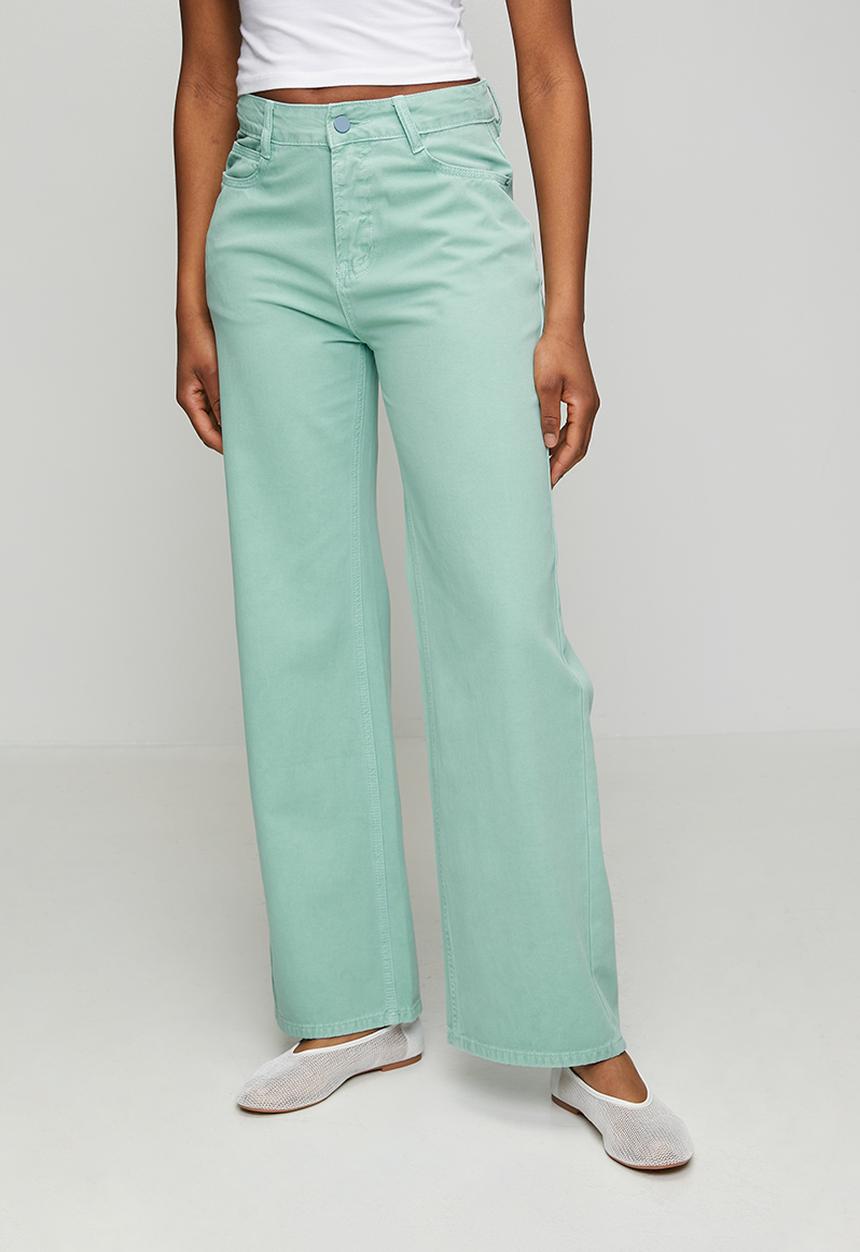 MANDI - Mid Waist Wide Leg 5 Pocket Overdye Denim Jean - Mint