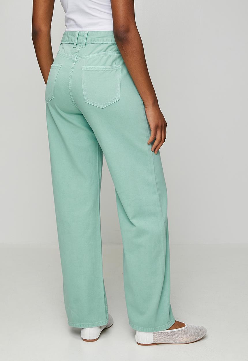 MANDI - Mid Waist Wide Leg 5 Pocket Overdye Denim Jean - Mint