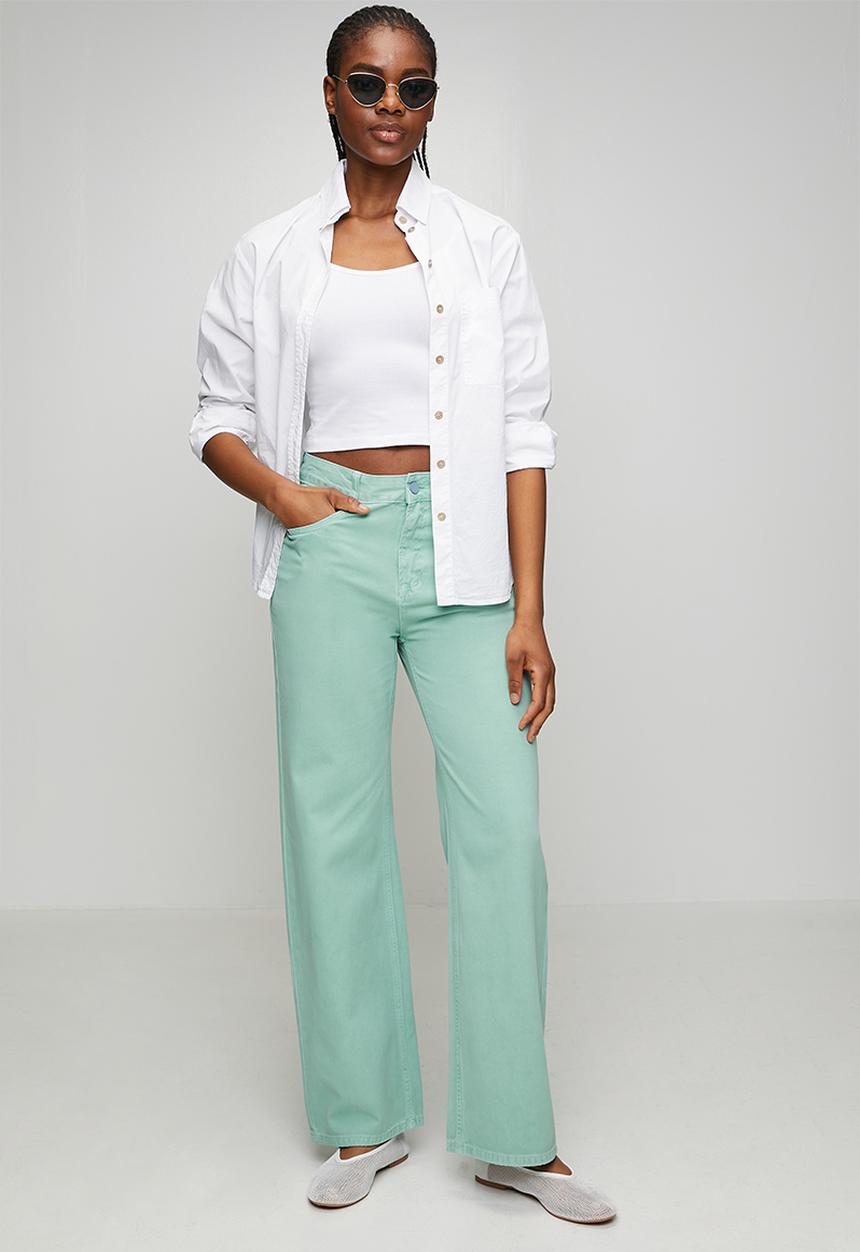MANDI - Mid Waist Wide Leg 5 Pocket Overdye Denim Jean - Mint