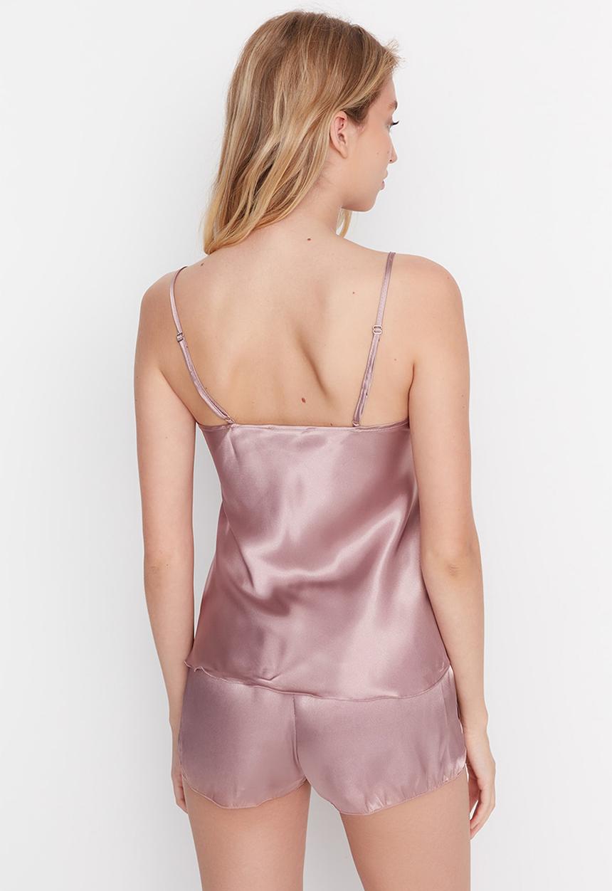 Trendyol - Lace spaghetti strap satin woven pajama set with shorts - taupe