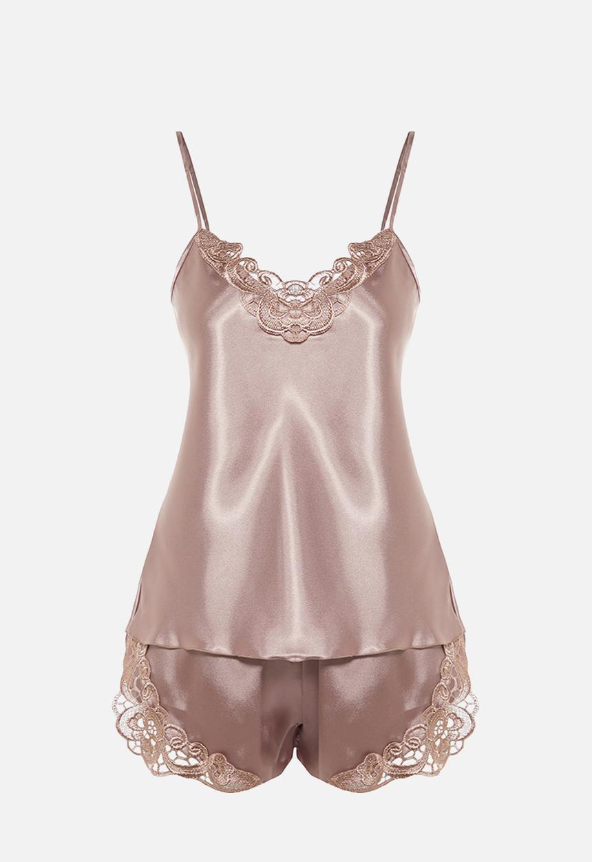 Trendyol - Lace spaghetti strap satin woven pajama set with shorts - taupe