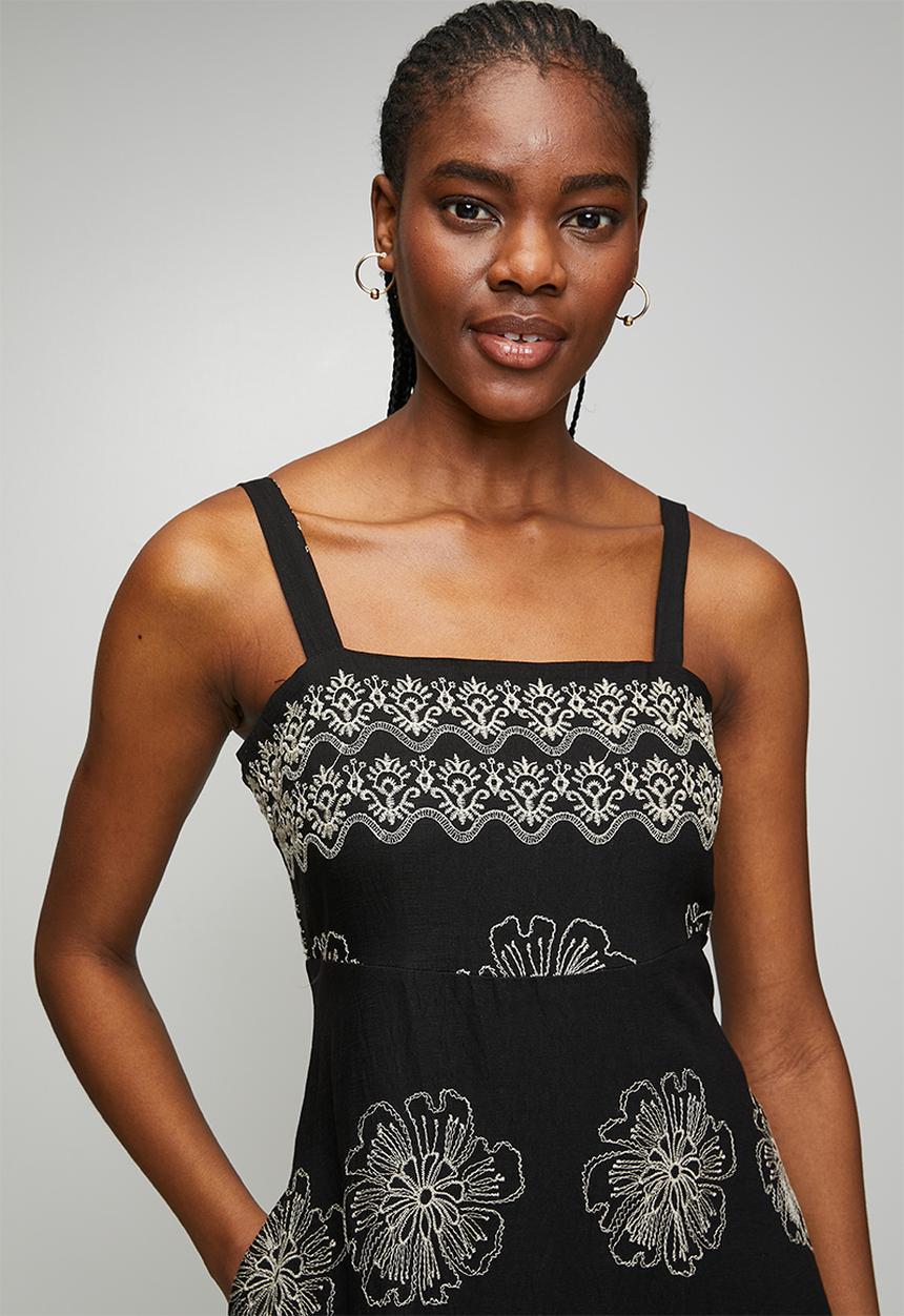 MANDI - Strappy A-Line Waisted Maxi Dress With All Over Embroidery - Black