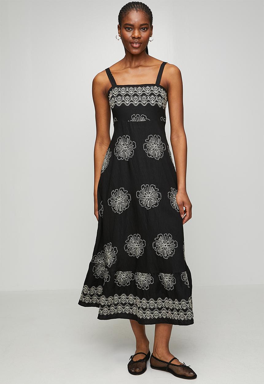 MANDI - Strappy A-Line Waisted Maxi Dress With All Over Embroidery - Black