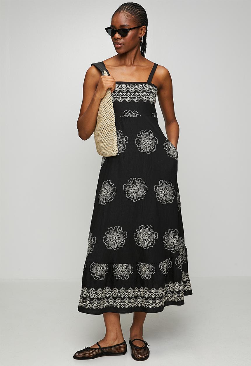 MANDI - Strappy A-Line Waisted Maxi Dress With All Over Embroidery - Black