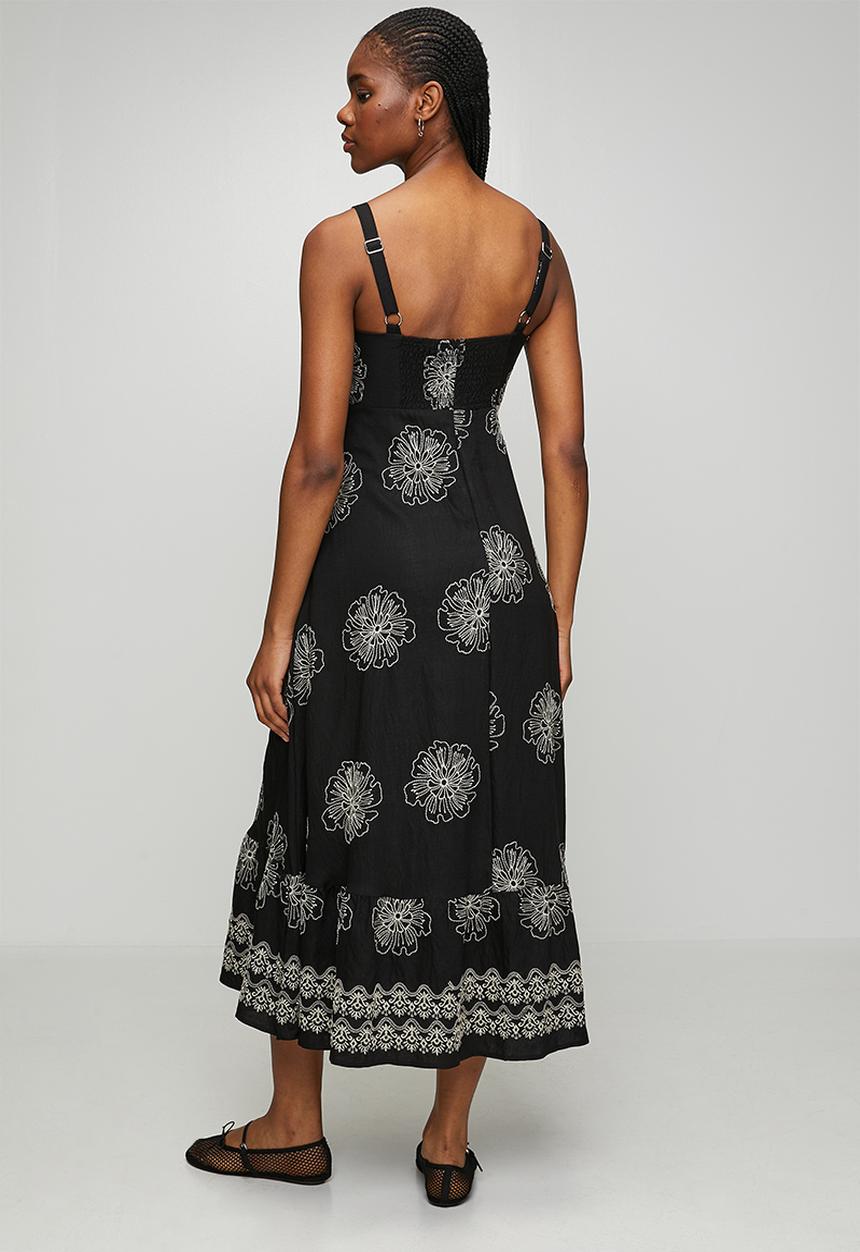 MANDI - Strappy A-Line Waisted Maxi Dress With All Over Embroidery - Black
