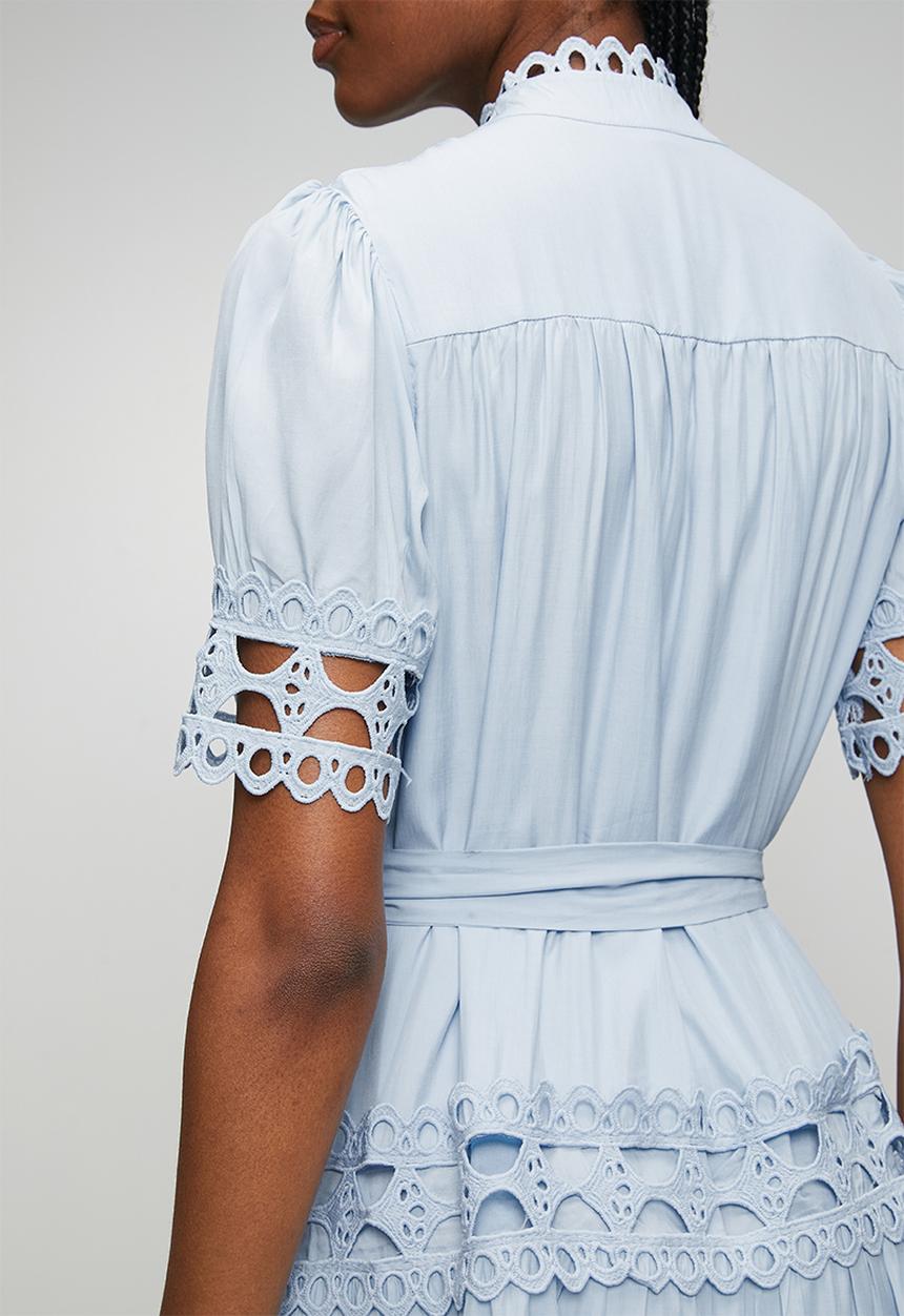 Stella Morgan - Half Sleeve Button Through Midi Dress With Lace Trim Detail On Sleeve And Hem, With Tie Belt - Blue