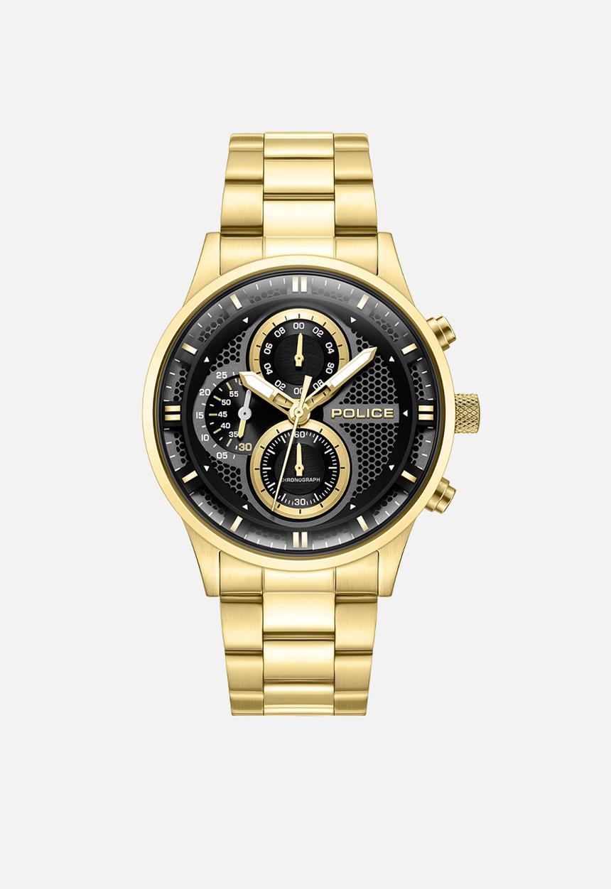 Police - IP Brush Gld Case Blk Dial Brush Gld Steel Strap - Gold