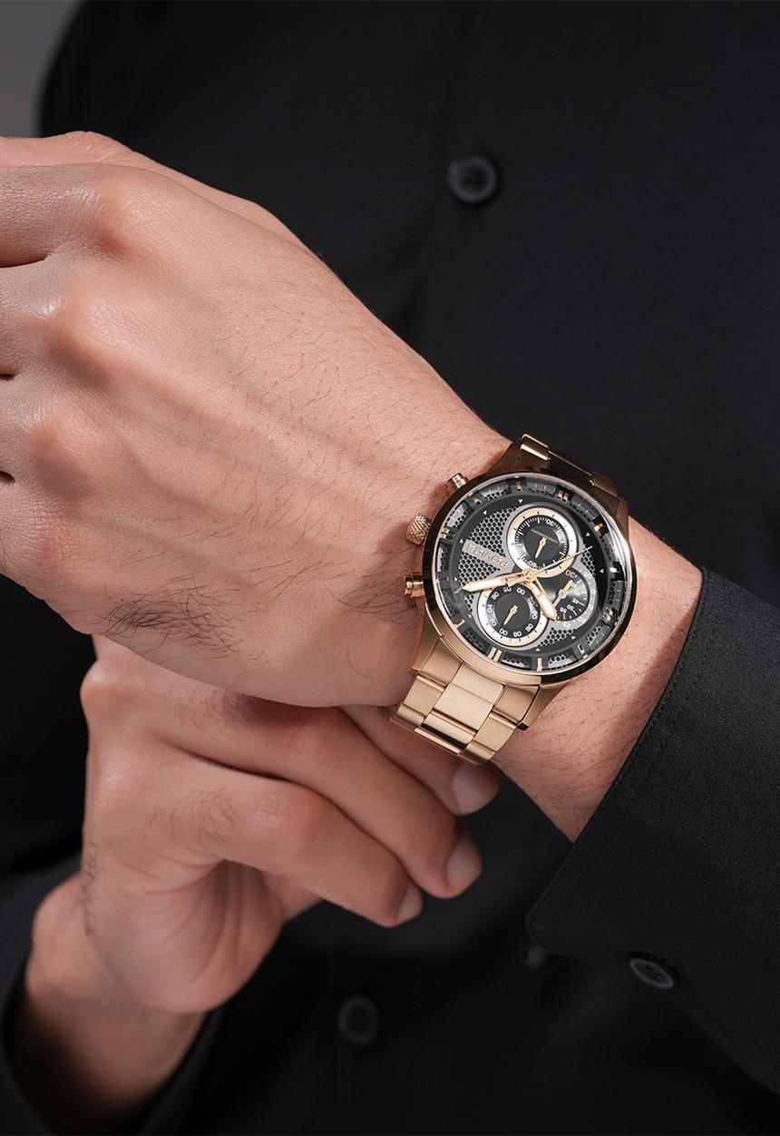 Police - IP Brush Gld Case Blk Dial Brush Gld Steel Strap - Gold