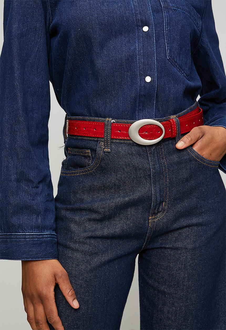 Tessa Design - Lace Croc Embossed Slim Belt- Red
