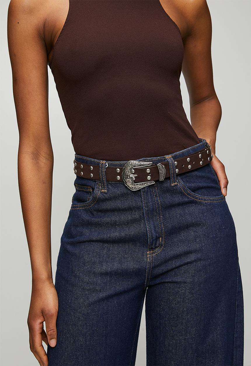 Tessa Design - Koa Studded Belt With Western Silver Buckle- Brown