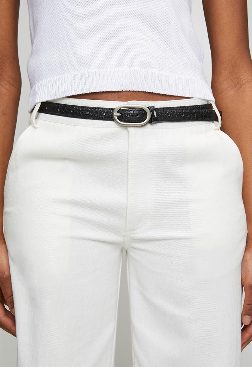 Tessa Design - Korrine Slim Croc Embossed Belt With Oval Silver Buckle- Black