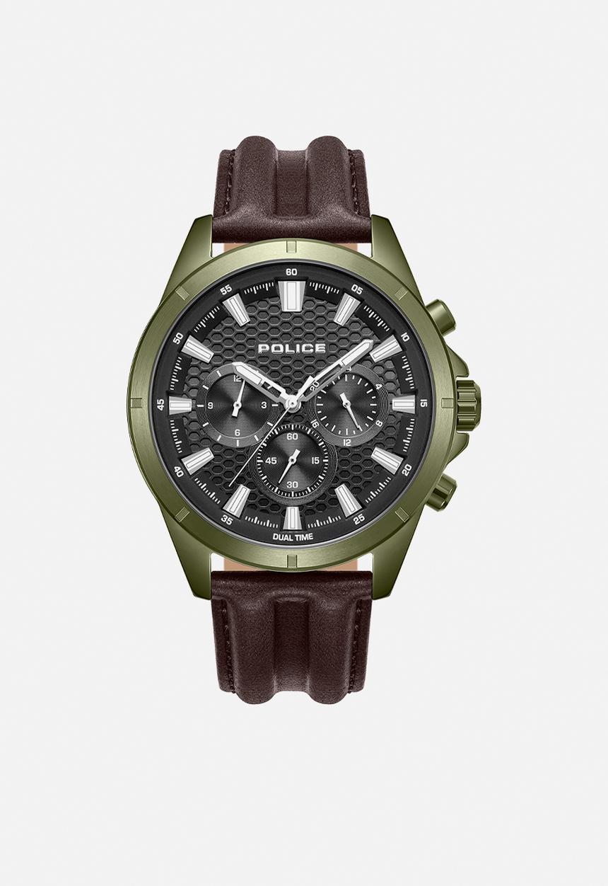 Police - IP Green Case Grey Dial Brown Leather Strap - Green & Brown