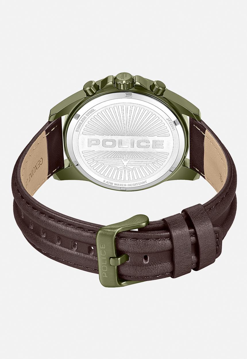 Police - IP Green Case Grey Dial Brown Leather Strap - Green & Brown